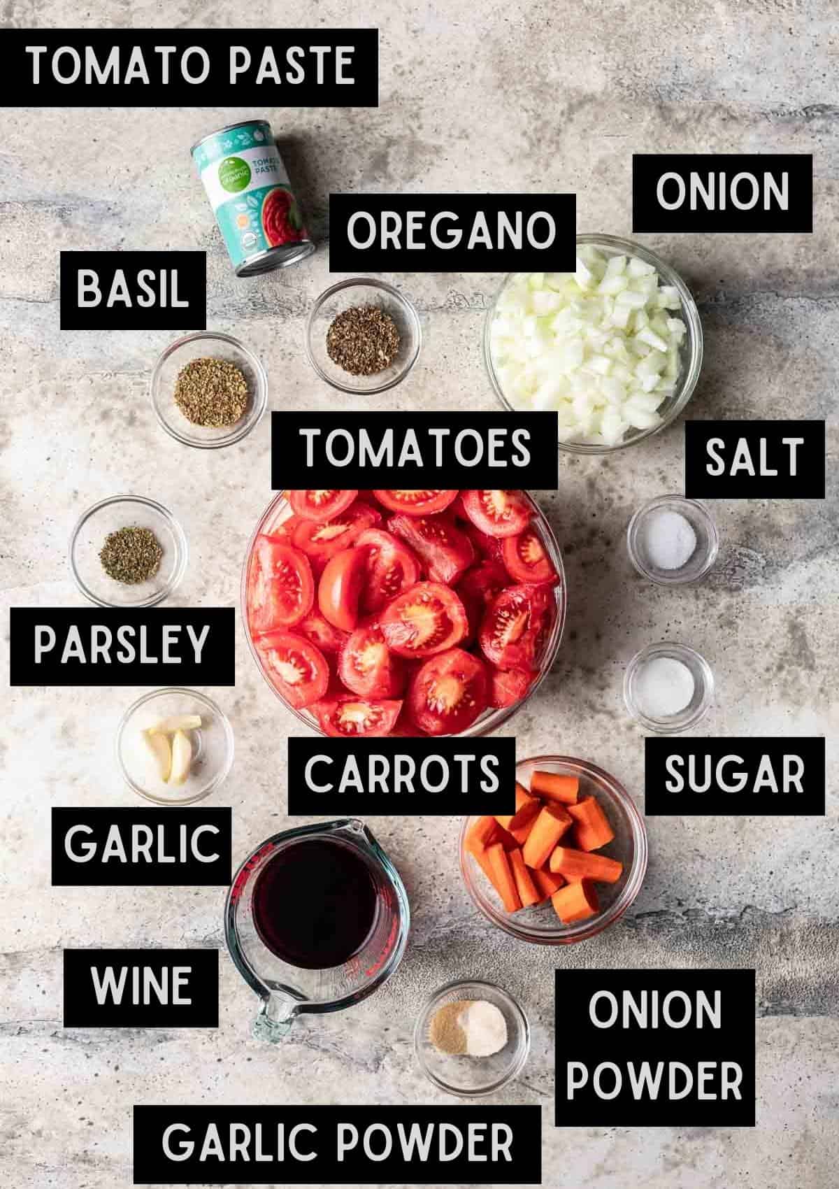 Labelled ingredients for instant pot tomato sauce (see recipe for details).