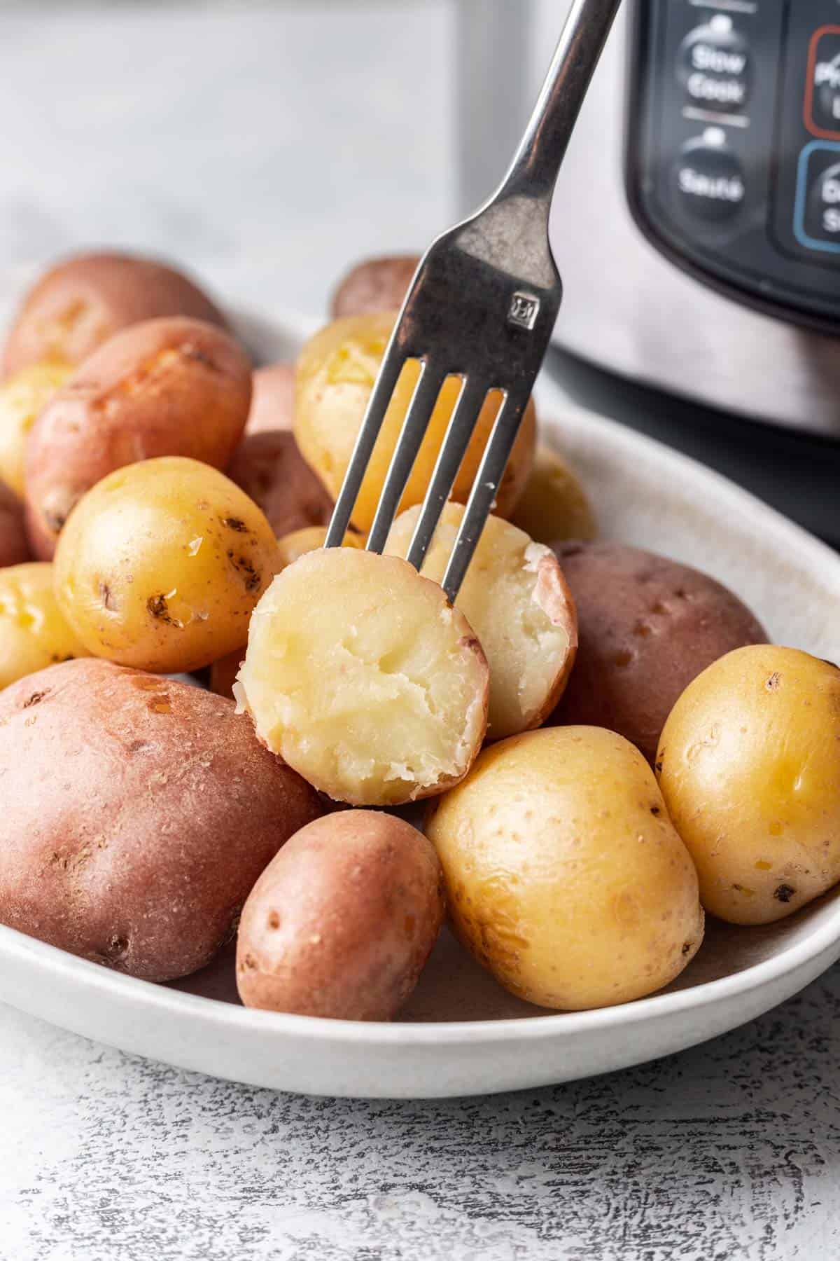 Boiled baby potatoes with a fork in one.