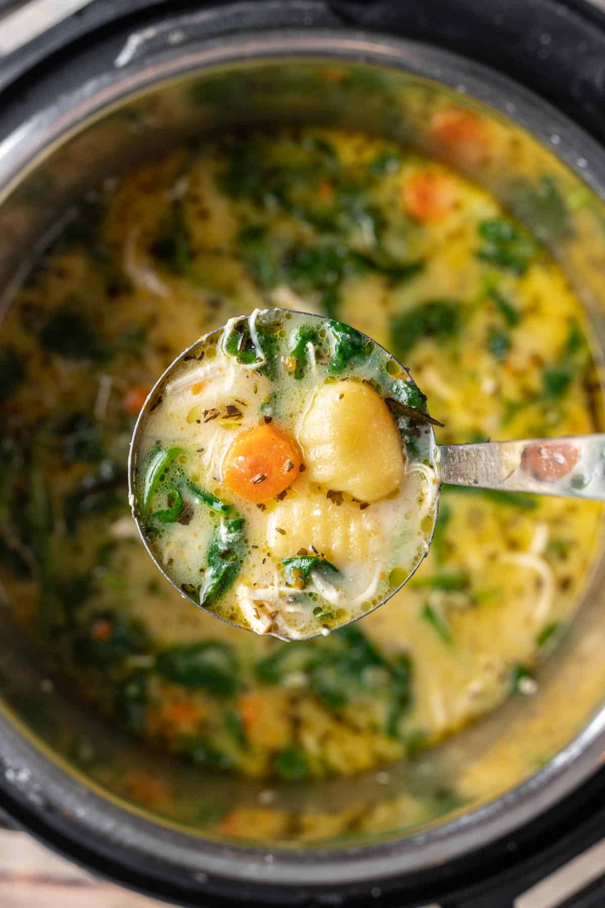 Chicken gnocchi soup in a ladle above an instant pot.