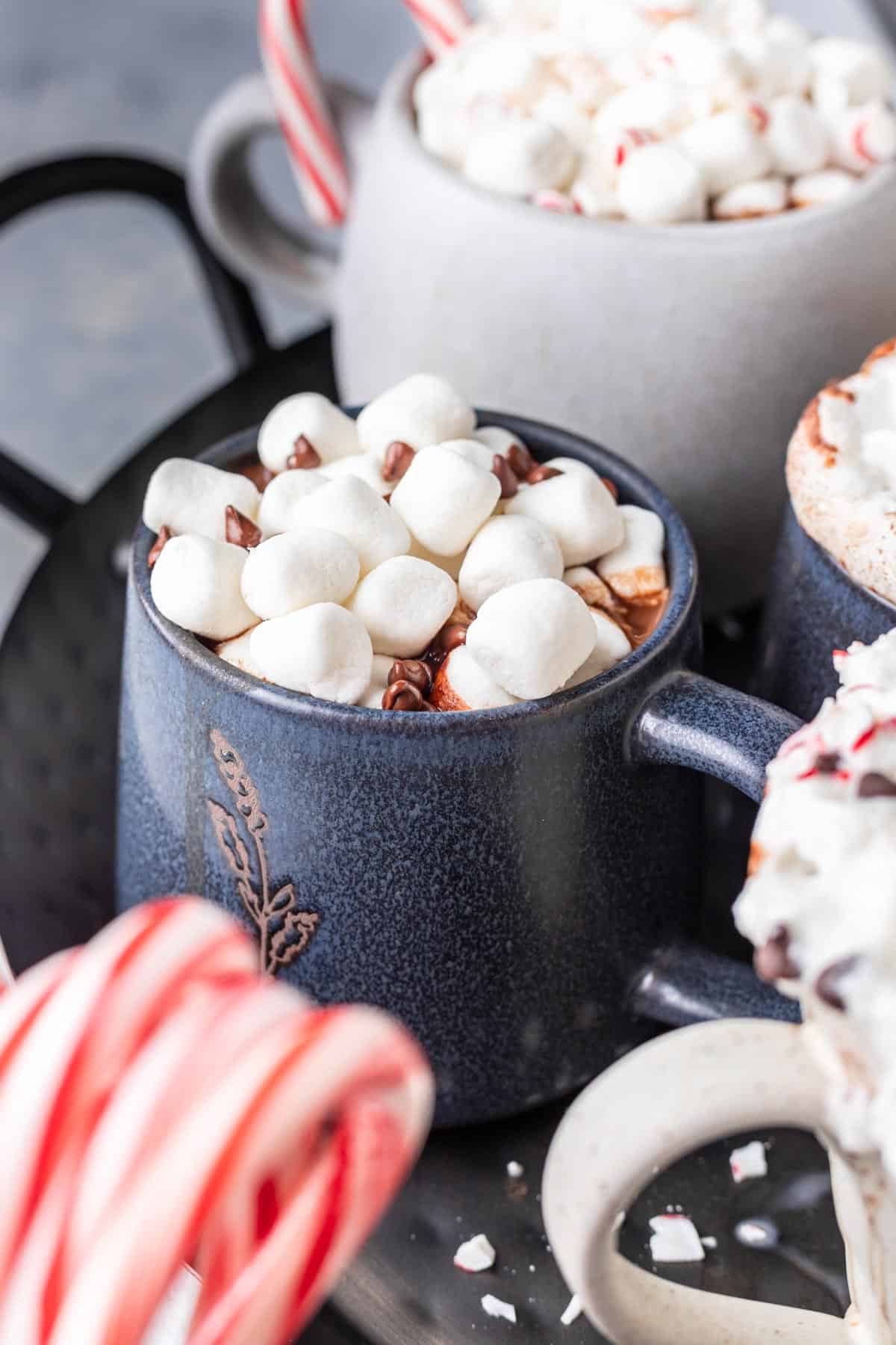 Instant pot hot chocolate in a mug topped with marshmallows and chocolate chips.