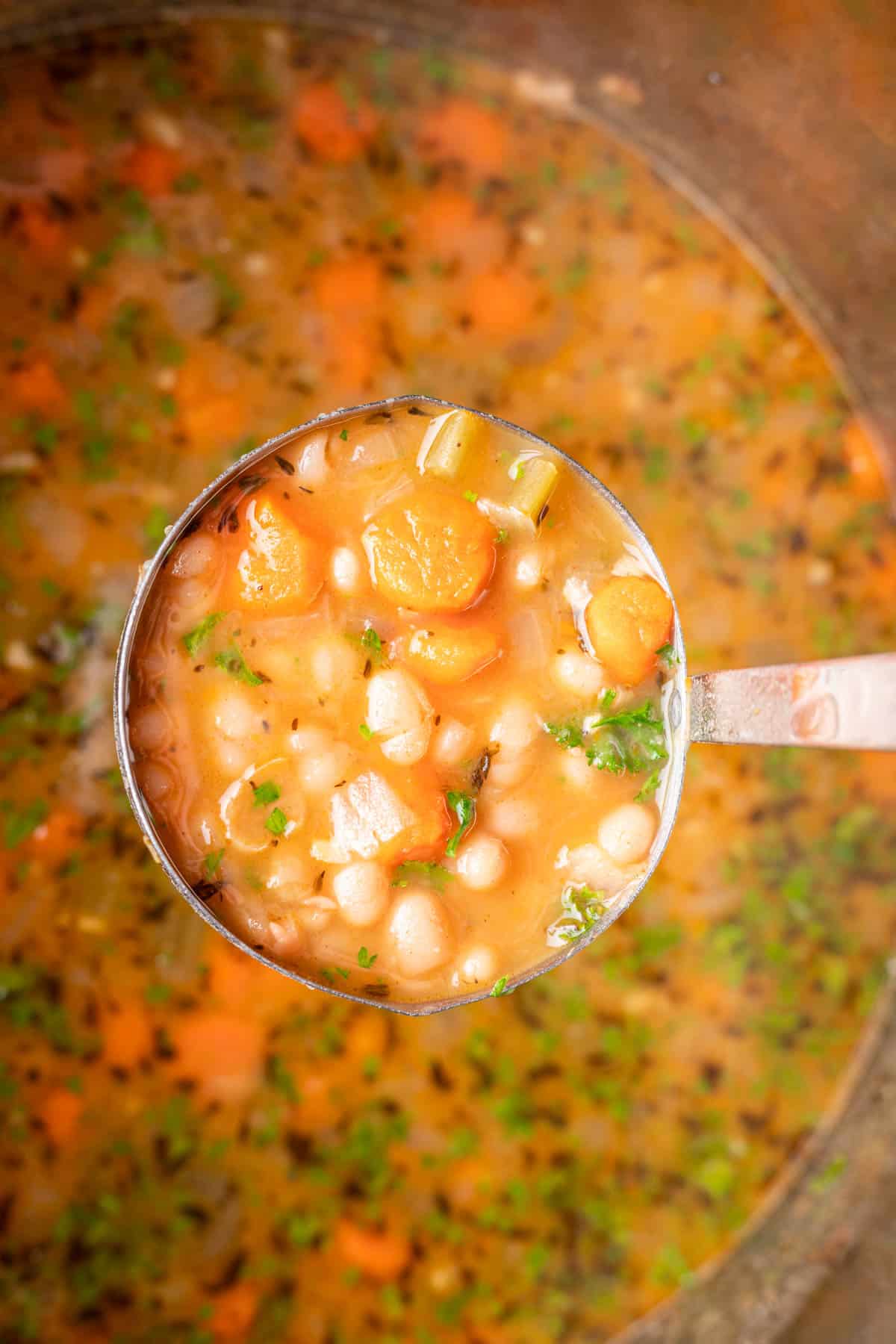 Navy bean soup in a ladle above an instant pot.