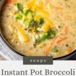Pin graphic for instant pot broccoli cheddar soup.