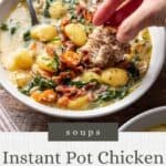 Pin graphic for instant pot chicken gnocchi soup.