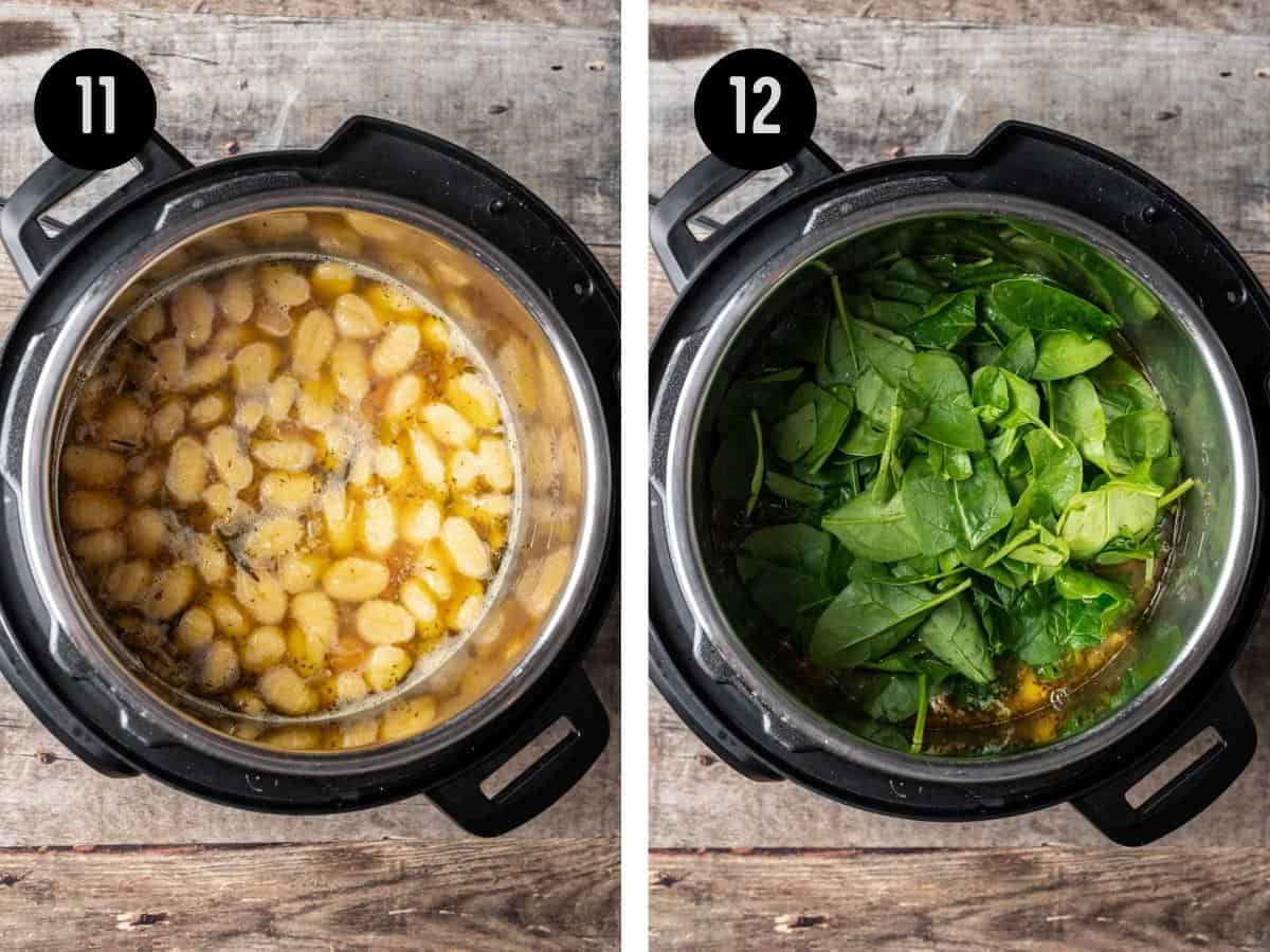 Gnocchi cooking in the instant pot. Spinach added too.