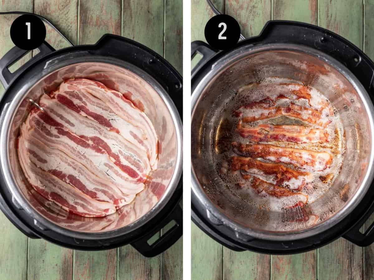 Bacon cooking in the bottom of an instant pot.