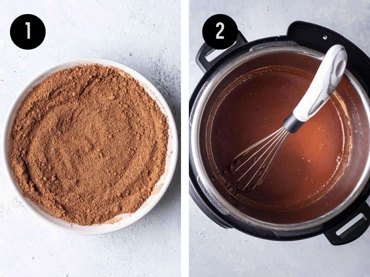 Cocoa, sugar, and salt mixed in a white bowl, then added to the instant pot with water.