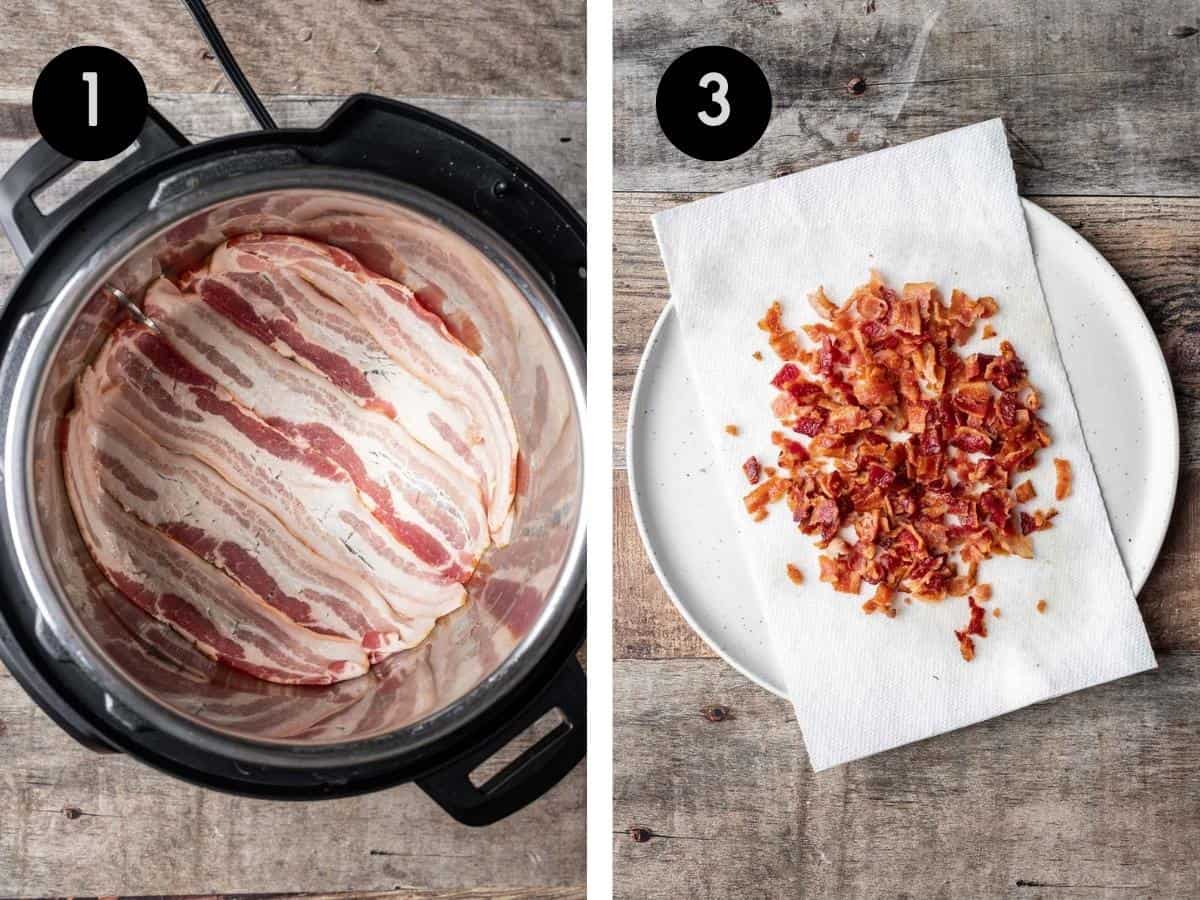 Bacon cooking in an instant pot, then crumbled into pieces.