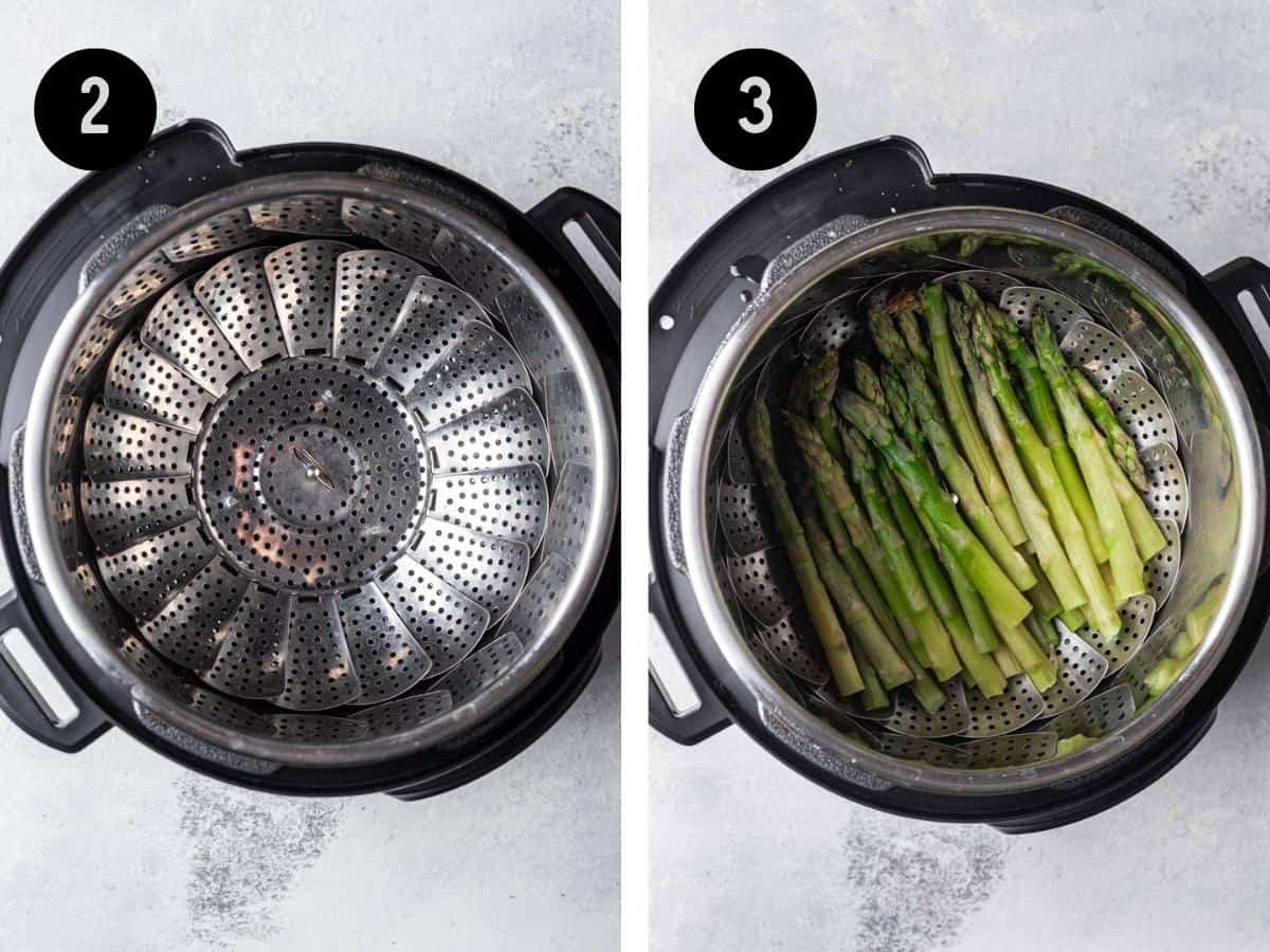 Steamer basket and water in an instant pot, then asparagus added.