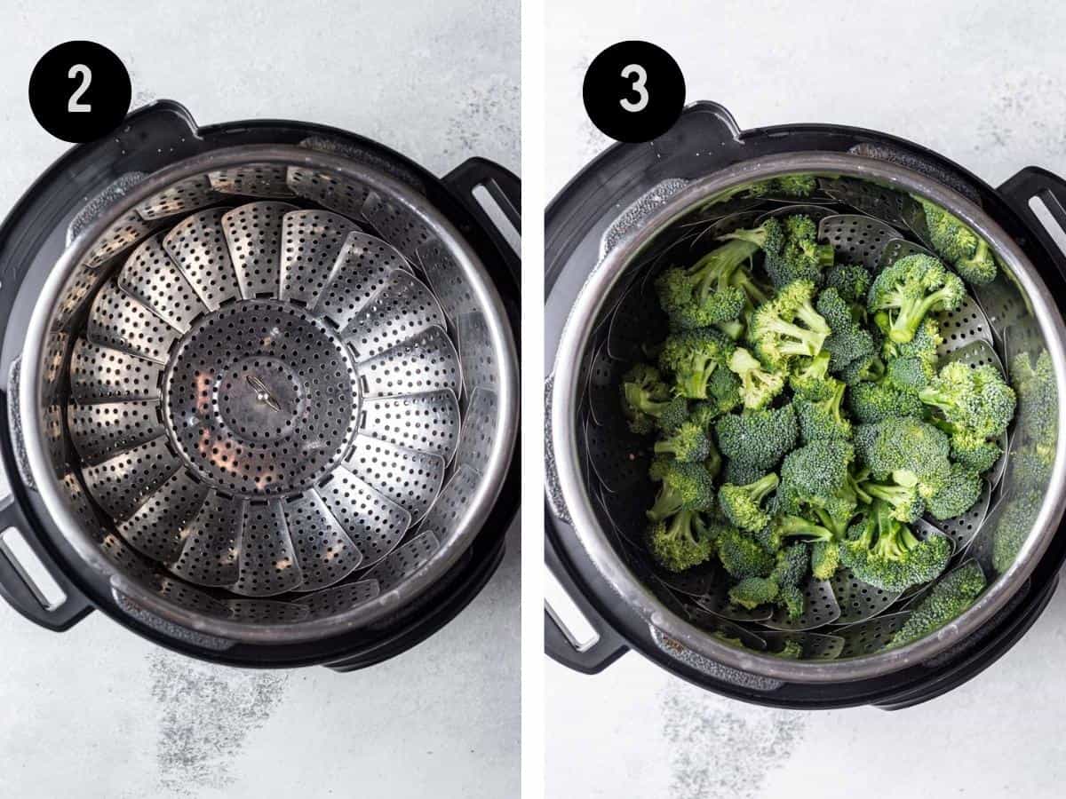 Steamer basket at the bottom of an instant pot with broccoli added on top.