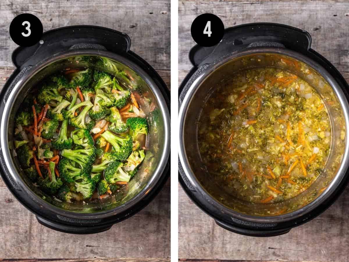 Broth added to the instant pot, showing before and after pressure cooking.