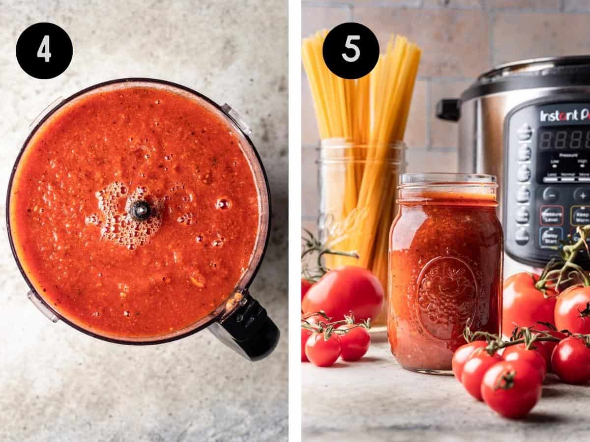 Tomato sauce blended in a food processor, then shown in a glass jar with fresh tomatoes around it.