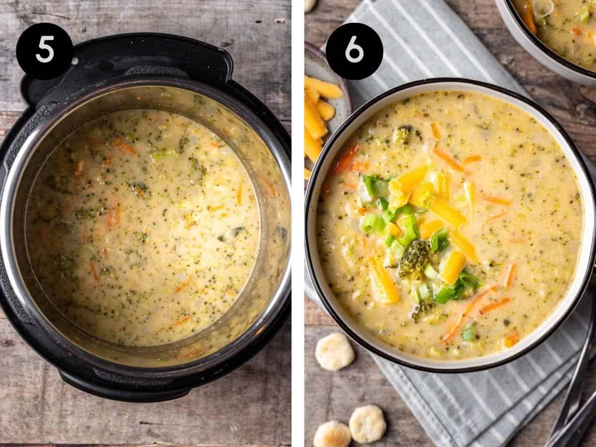 Broccoli cheddar soup in the instant pot with coconut milk added, then shown in a soup bowl.