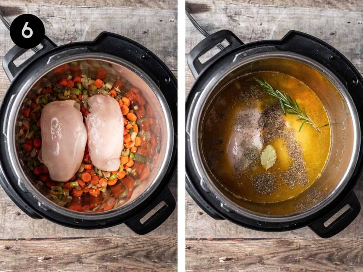 Chicken, broth, and seasonings added to the instant pot.