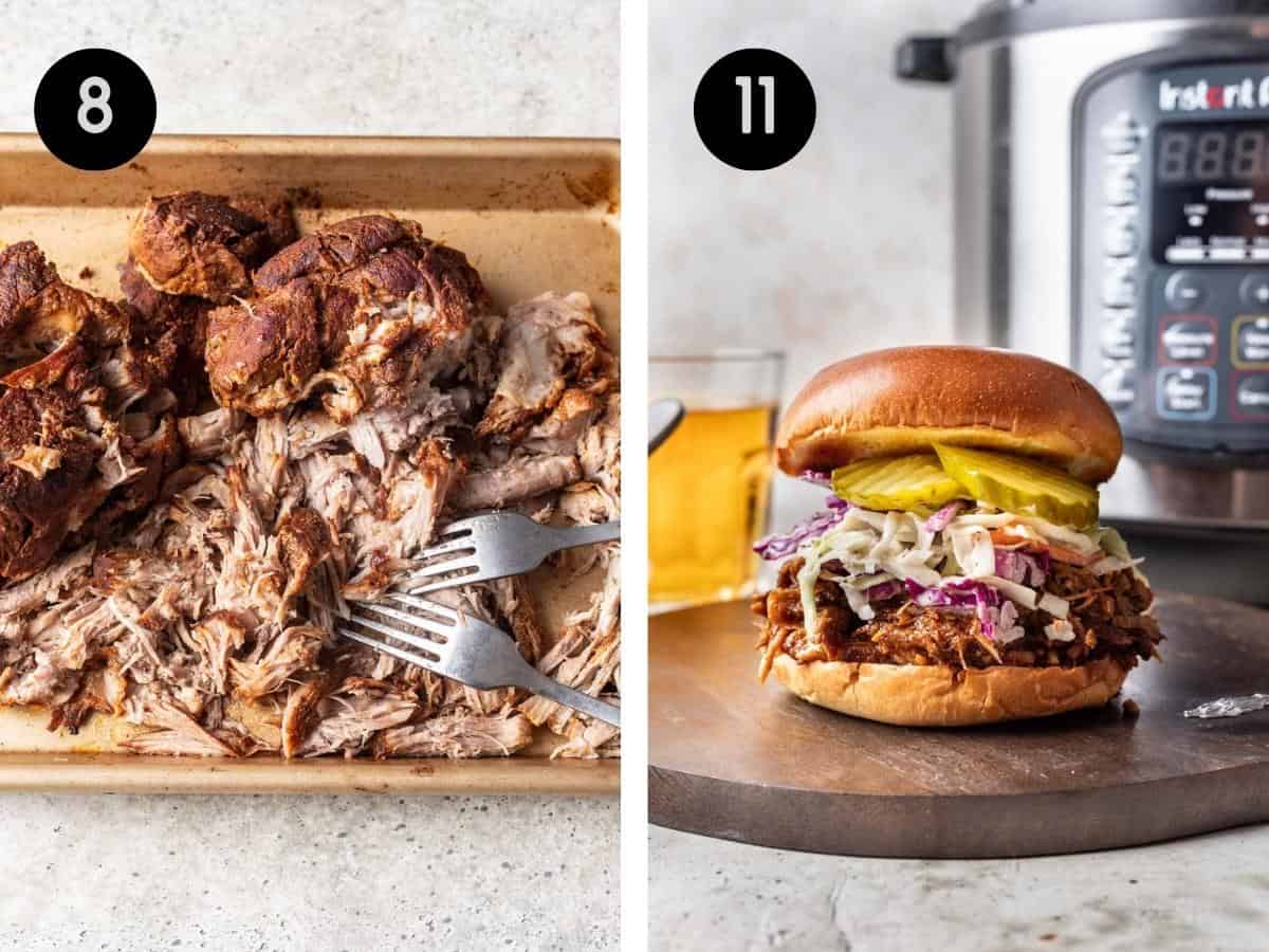 Pork butt shredded with forks, then added to a sandwich with slaw and pickles.