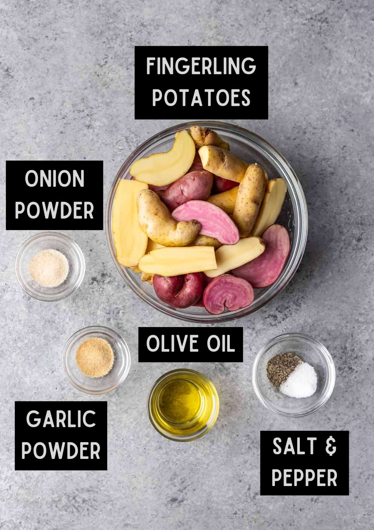 Labelled ingredients for air fryer fingerling potatoes (see recipe for details).