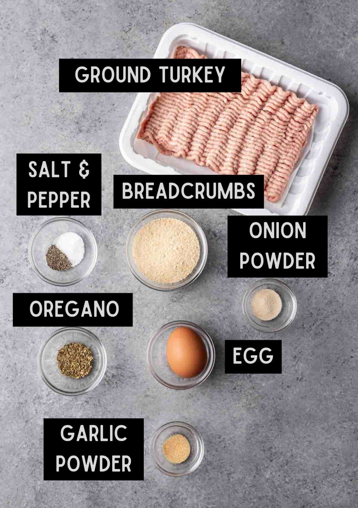 Labelled ingredients for air fryer turkey burgers (see recipe for details).