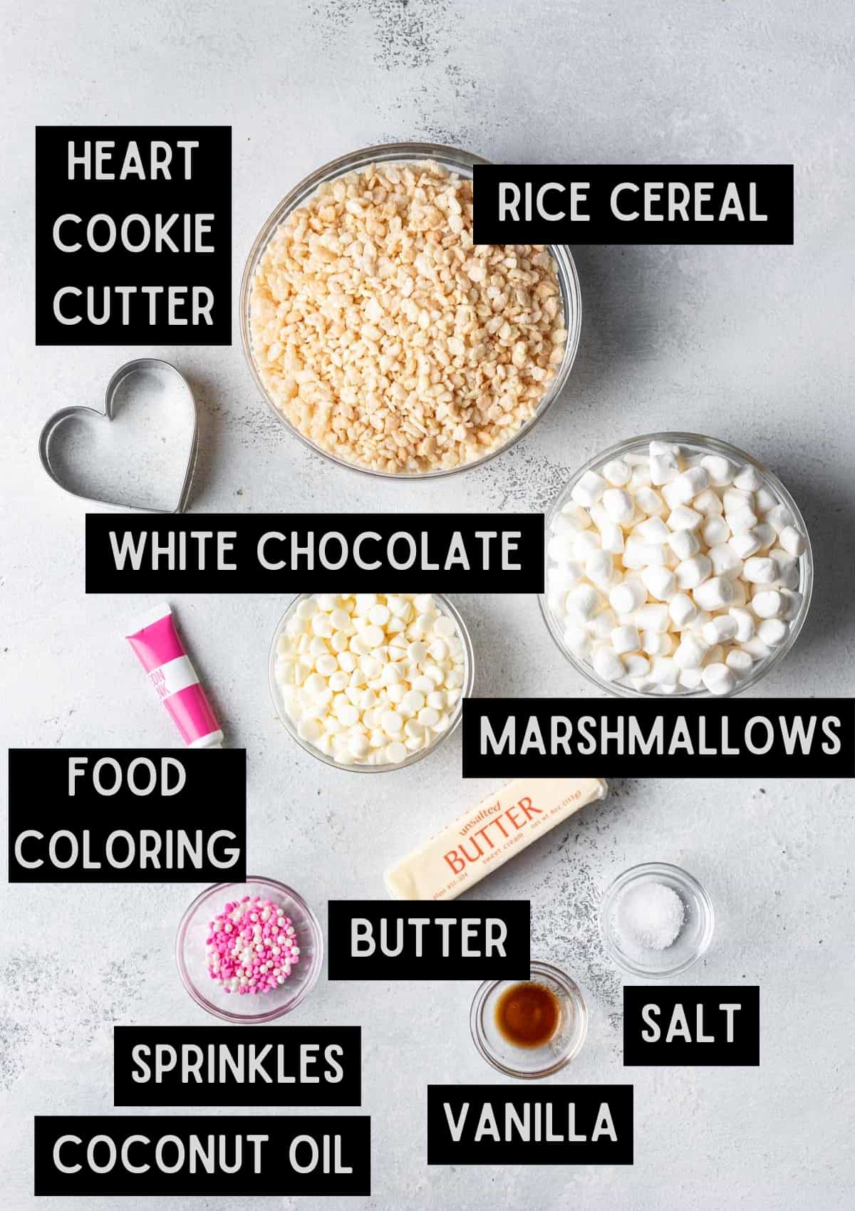 Labelled ingredients for heart shaped rice krispie treats (see recipe for details).