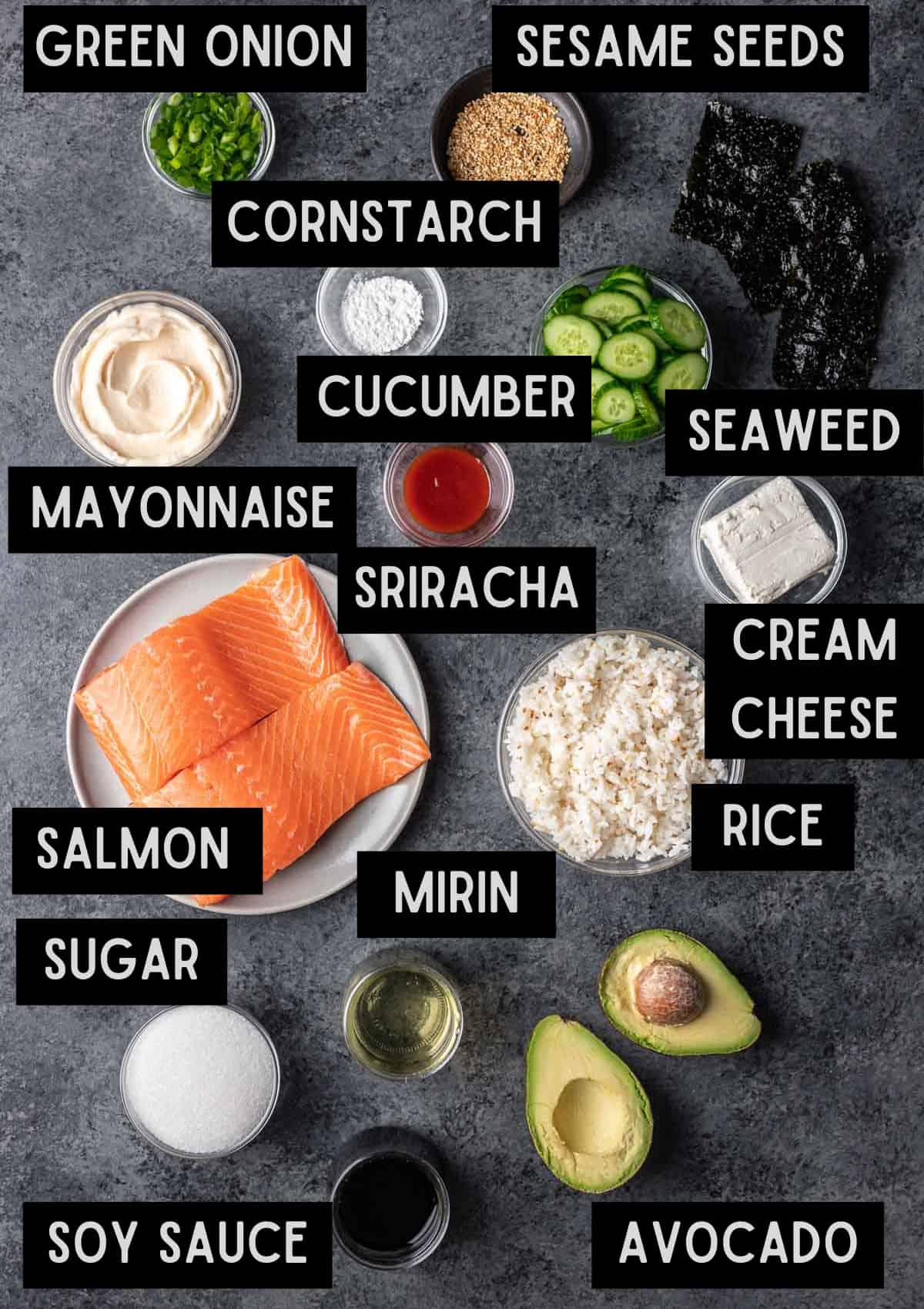 Labelled ingredients for salmon sushi bake (see recipe for details).