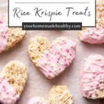 Pin graphic for heart shaped rice krispie treats.