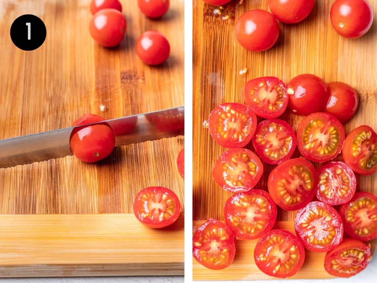 A serrated knife cutting cherry tomatoes in half.