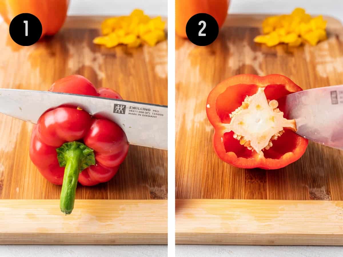 Cutting the top off a red pepper, then removing the seeds and ribs.