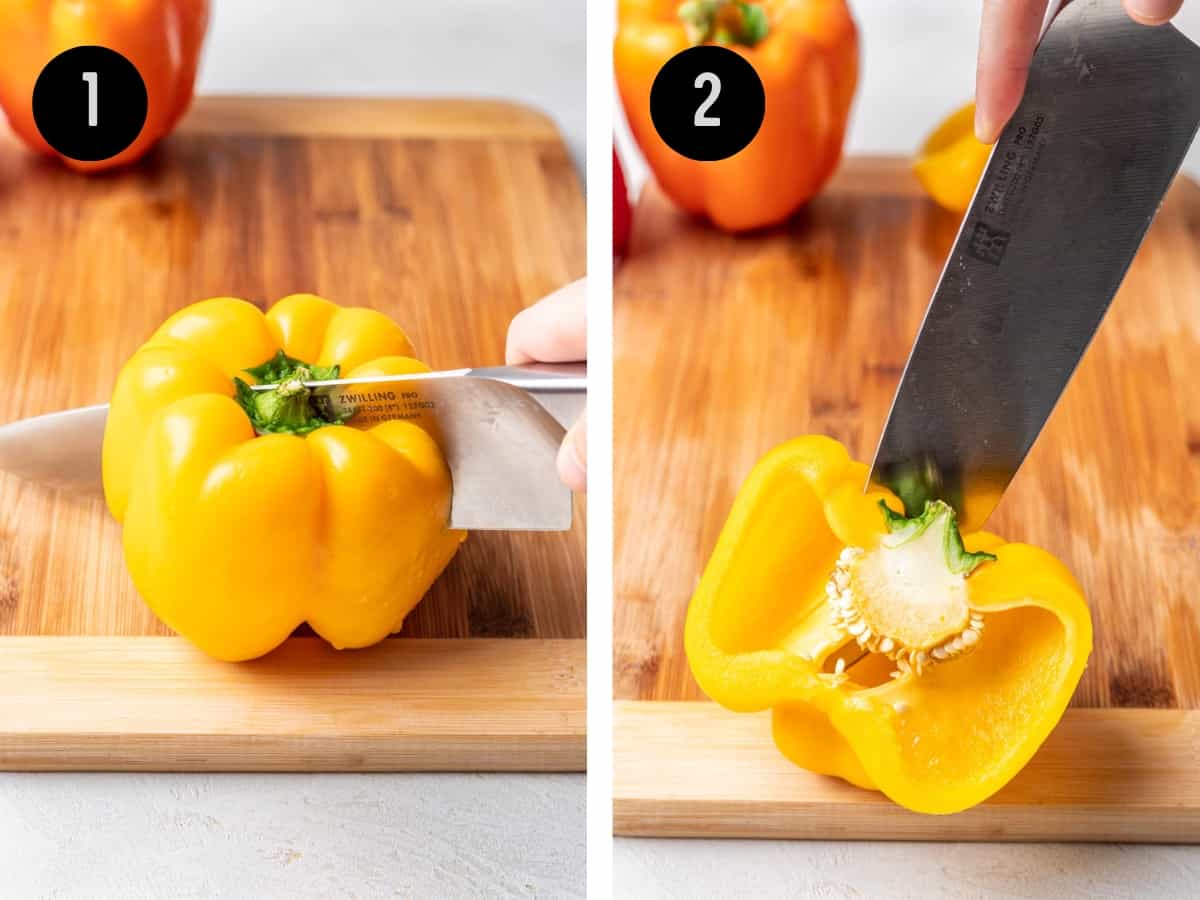 Cutting a yellow bell pepper in half, then removing the seeds and ribs.