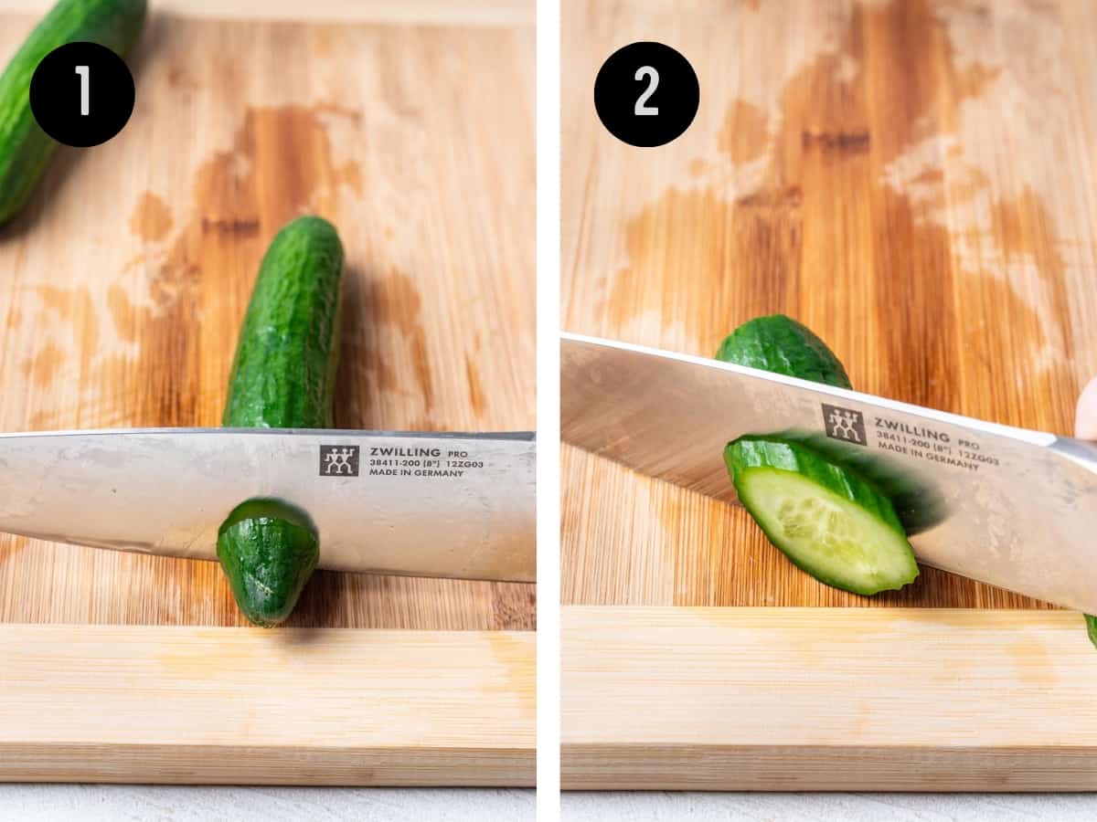 Cutting cucumbers on a bias.