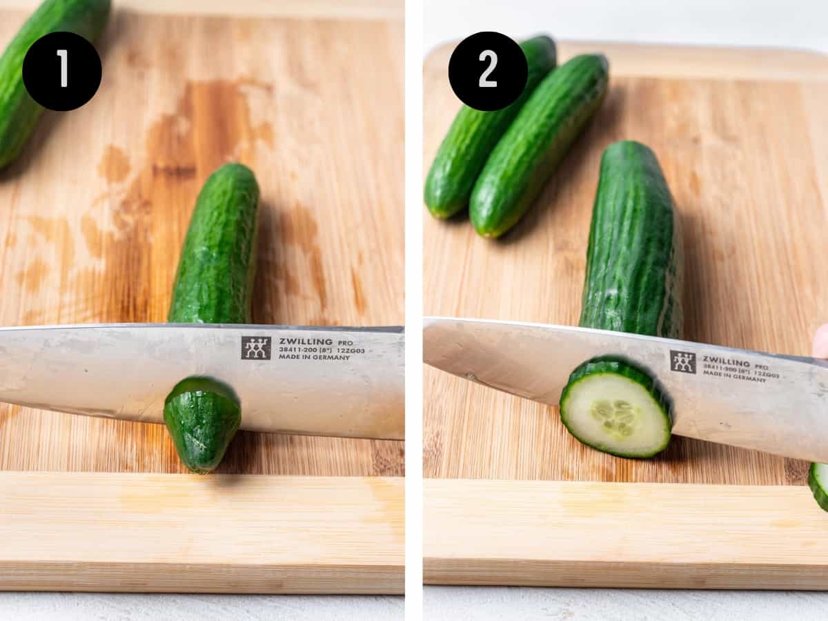 Cutting a cucumber into slices.