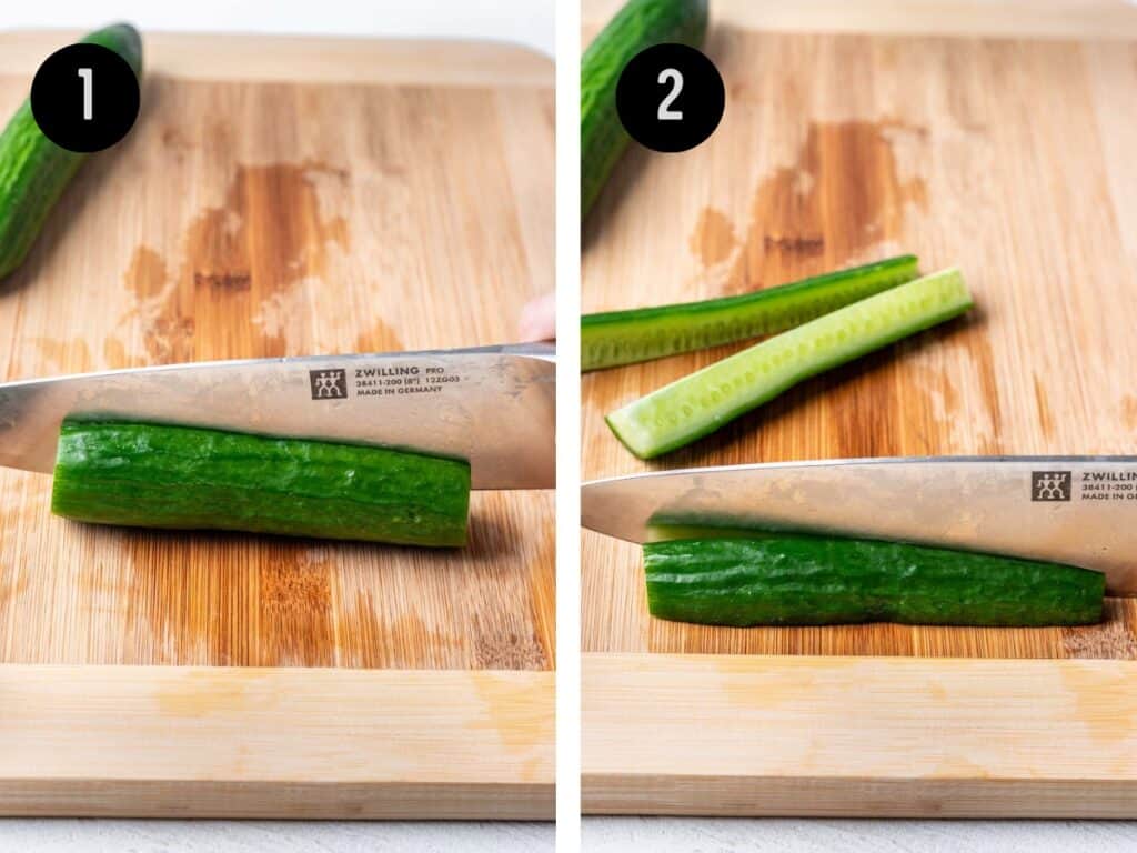 Cutting cucumbers into strips.