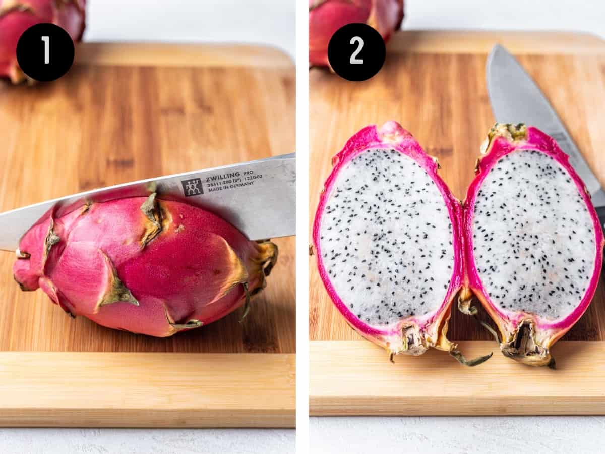 Cutting a dragon fruit in half lengthwise.