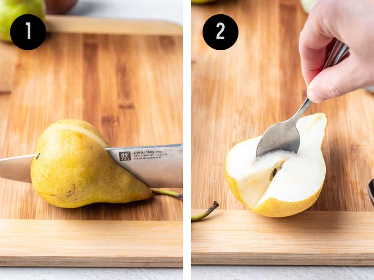 Slicing a pear in half, then using a spoon to scoop the seeds out.