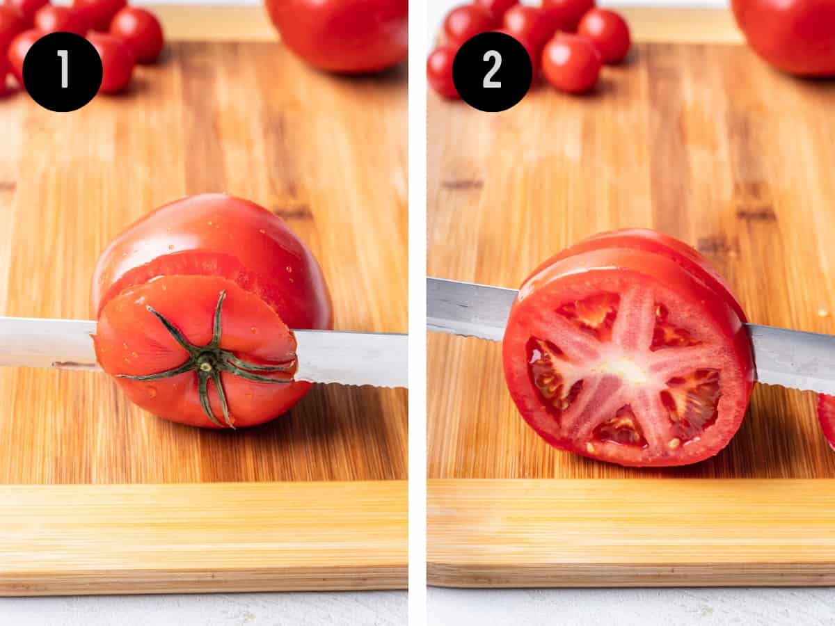 Cutting the top off a tomato, then into slices.