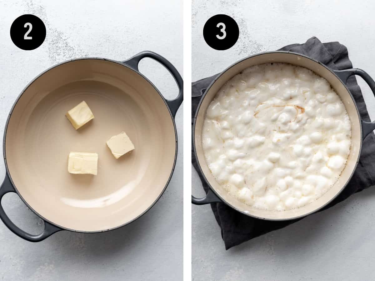 Melting butter in a pot. Then, marshmallows added to the pot.