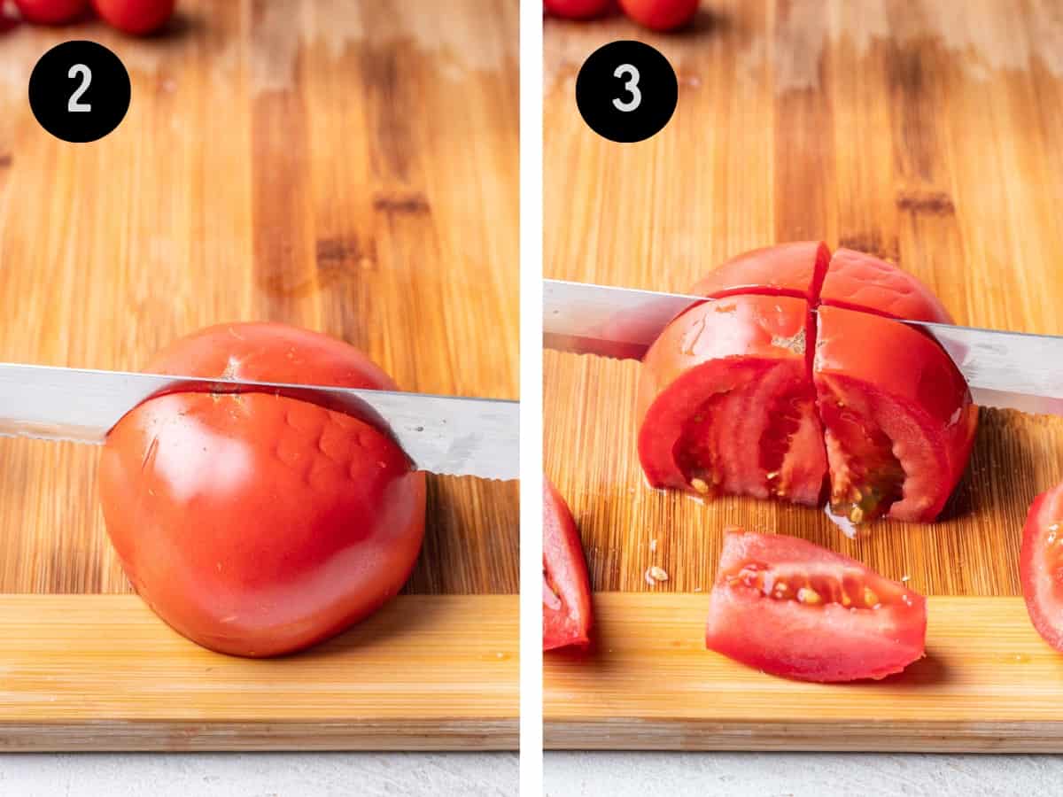 Cutting a tomato in half, then across into wedges.