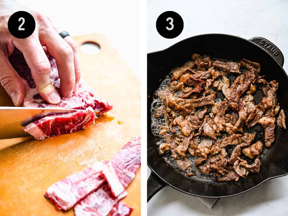 Slicing ribeye into thin strips, then cooking in a skillet.