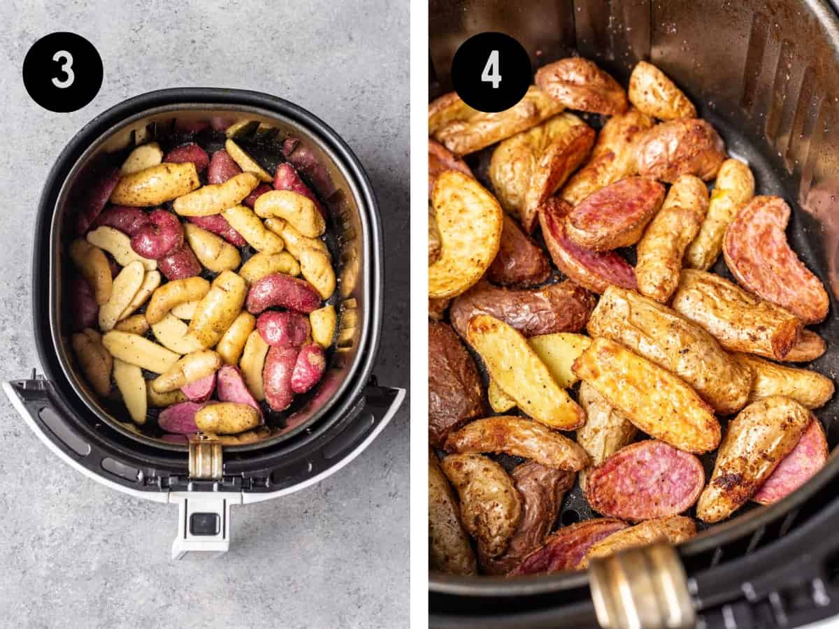 Fingerling potatoes in an air fryer before and after baking.