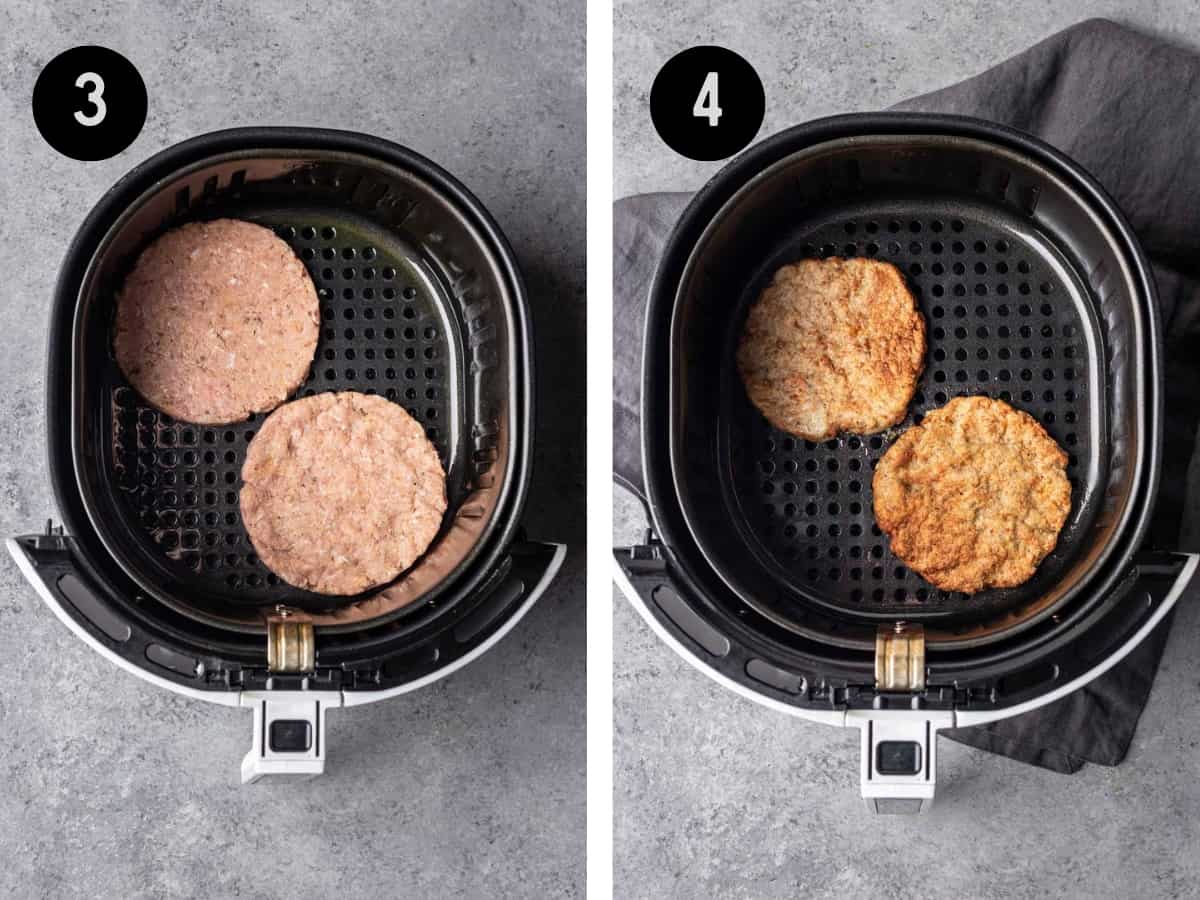 Raw turkey burgers in an air fryer, then shown cooked in the air fryer.