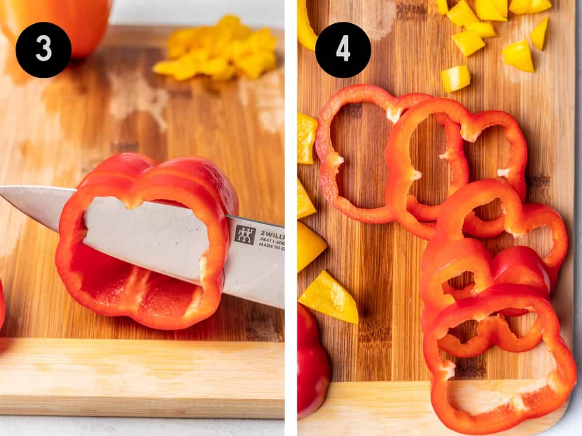Cutting a red bell pepper into rings.