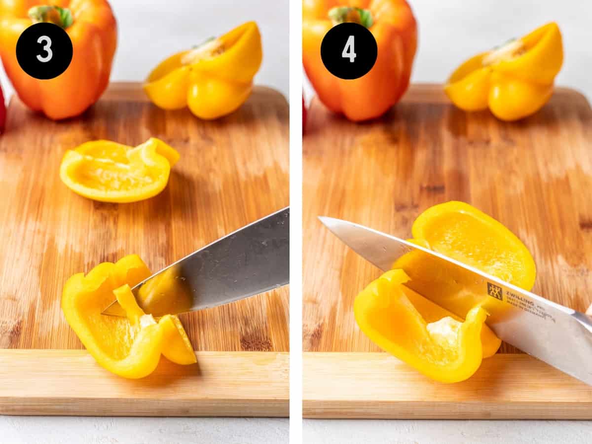 Removing ribs from bell pepper, then cutting it into thick strips.