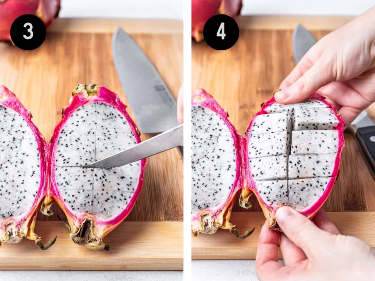 Using a knife to dice a dragon fruit into cubes.