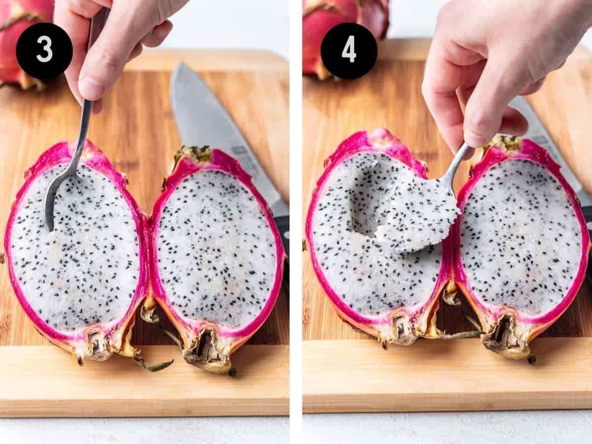 Scooping the inside of a dragon fruit with a spoon.