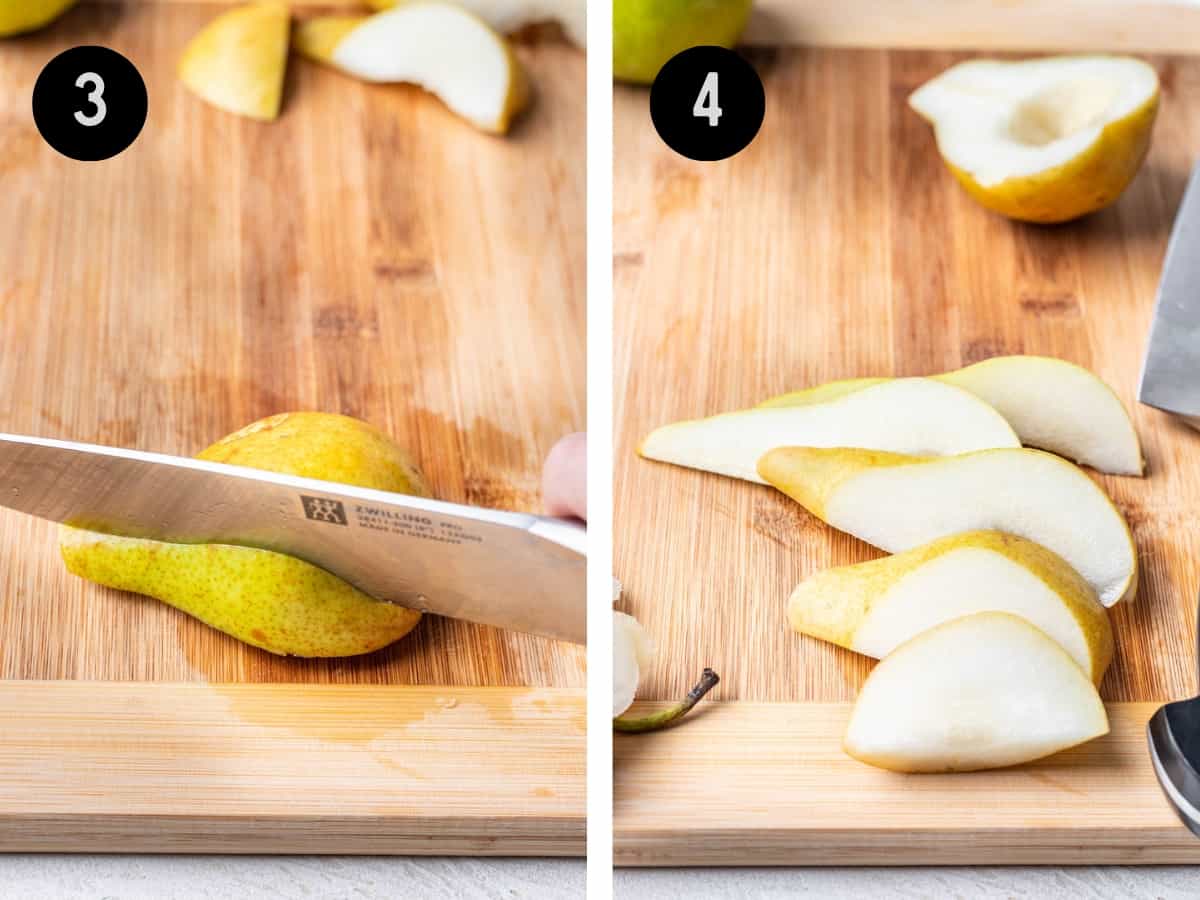 A knife cutting a pear into thin slices.