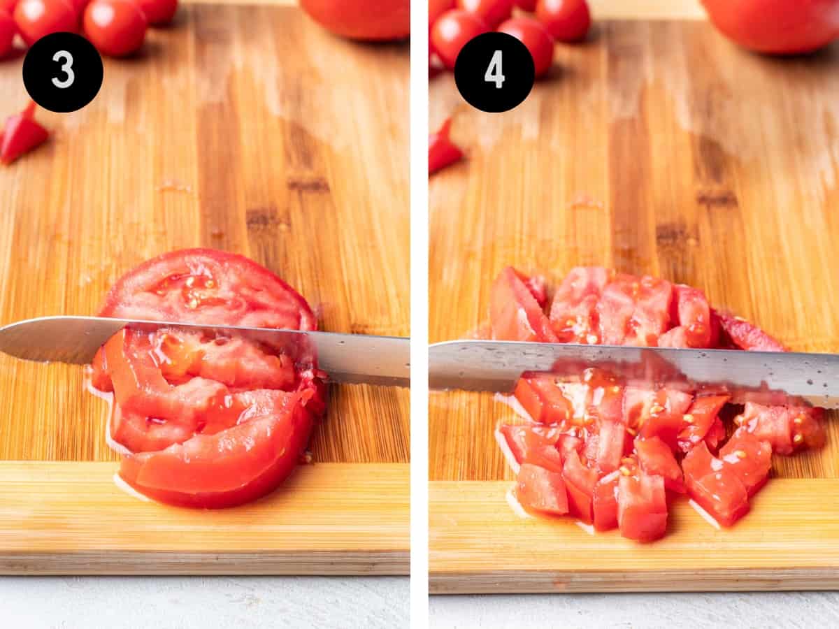 Cutting a tomato into strips, then across to dice them.