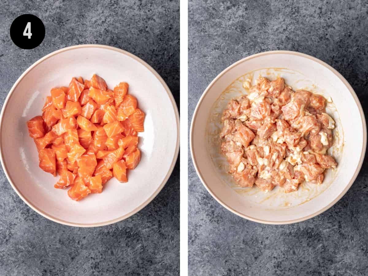 Diced salmon in a bowl seasoned with eel sauce and cream cheese.