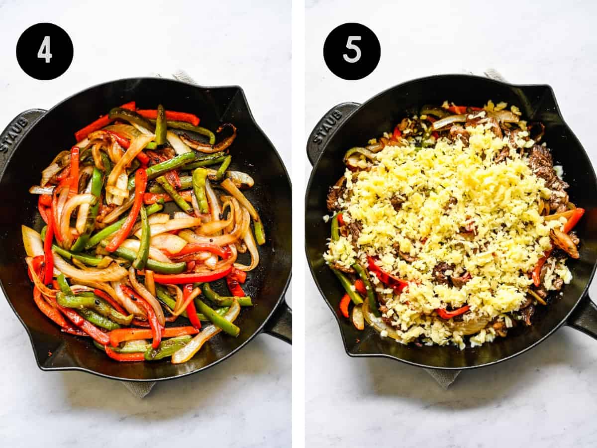 Cooking peppers and onions in a skillet, then topped with cheese.