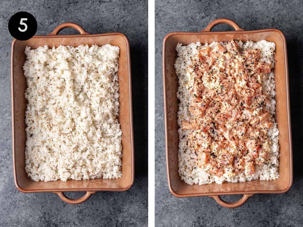 Sushi rice spread out in a baking dish, then topped with diced salmon mixture.