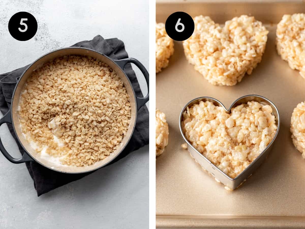 Rice cereal added to the melted marshmallows in the pot, then shaped into hearts.