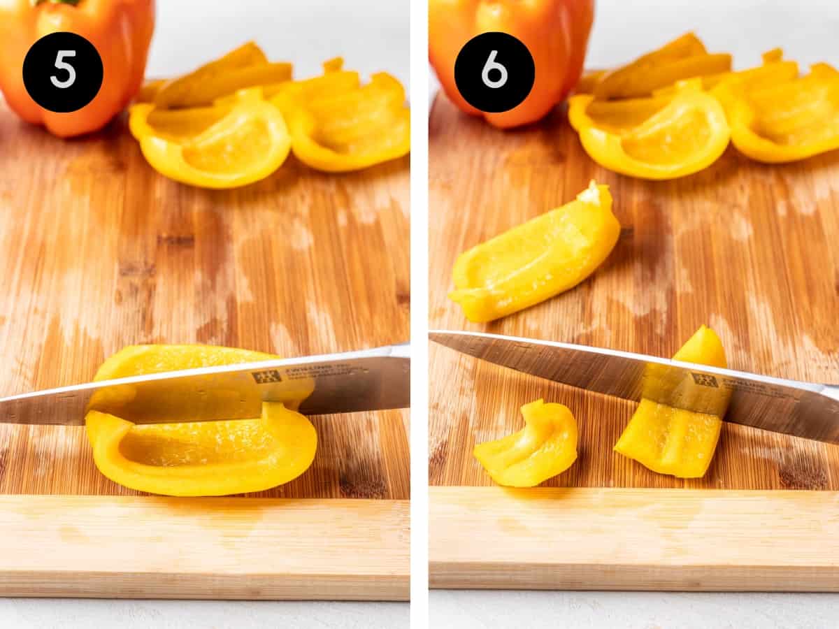 Cutting bell pepper strips in half lengthwise, then cutting into square chunks.