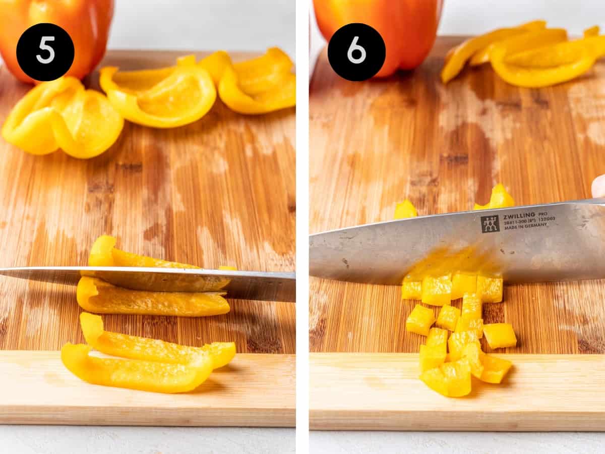 Cutting bell pepper into thinner strips, then dicing into small pieces.