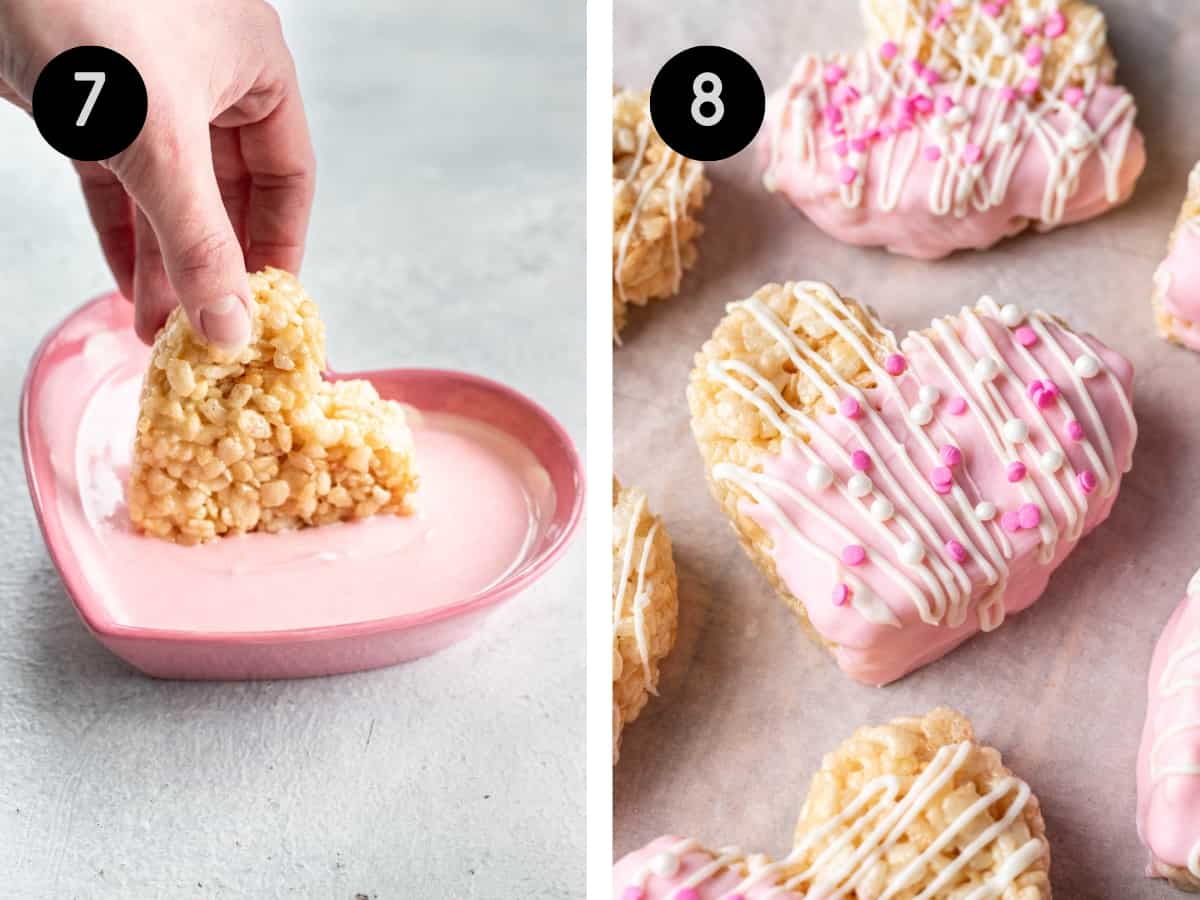 Heart shaped rice krispie treats dipped in pink white chocolate and decorated with sprinkles.
